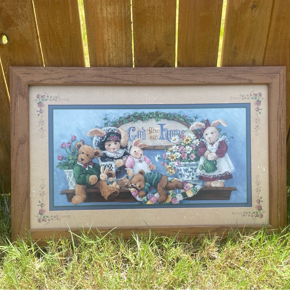 Vintage Framed Teddy Bear and Bunny Art Print